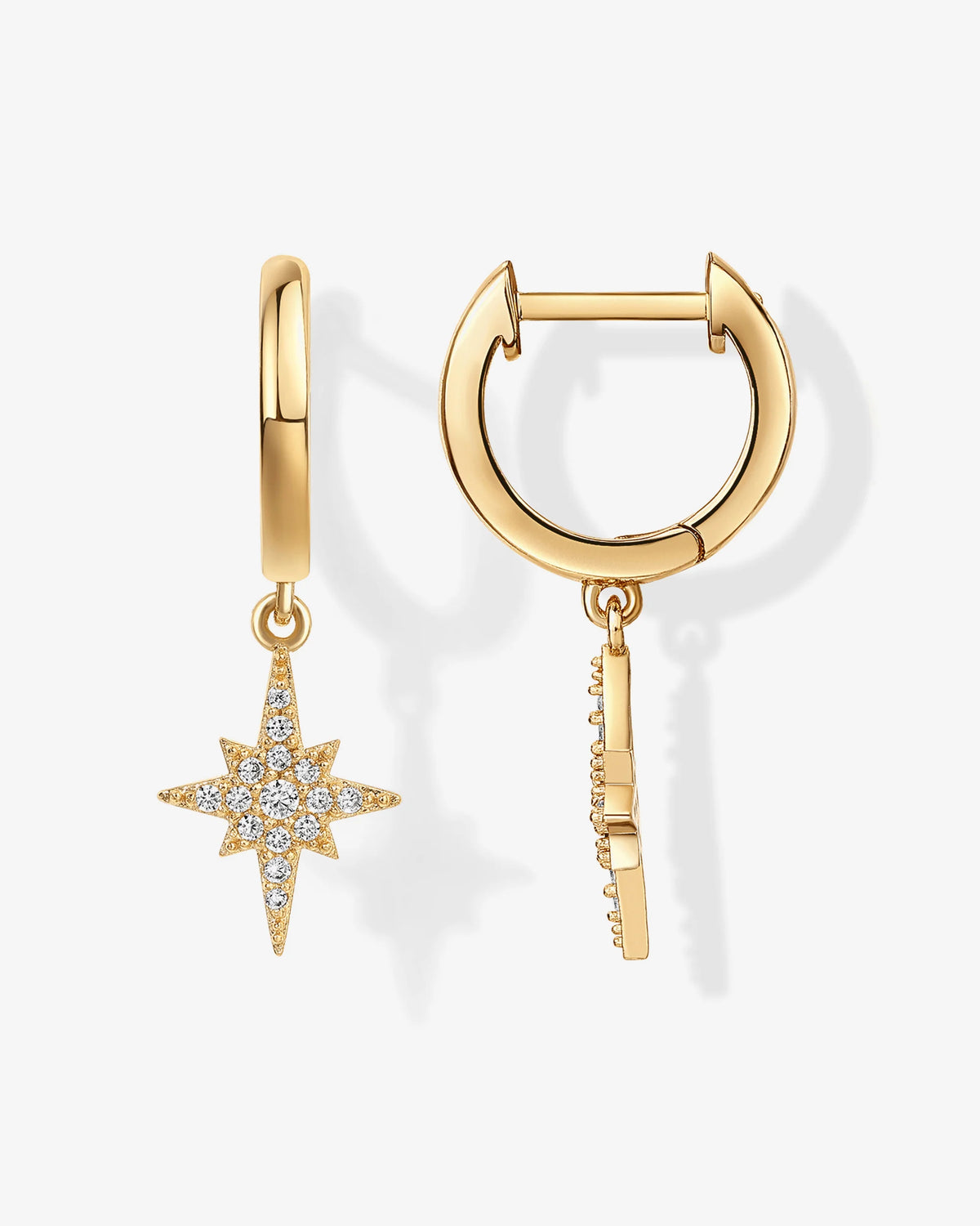 Radmohn Jewelers Celestial huggie star dangle earrings, gold plated over brass, with cubic zirconia