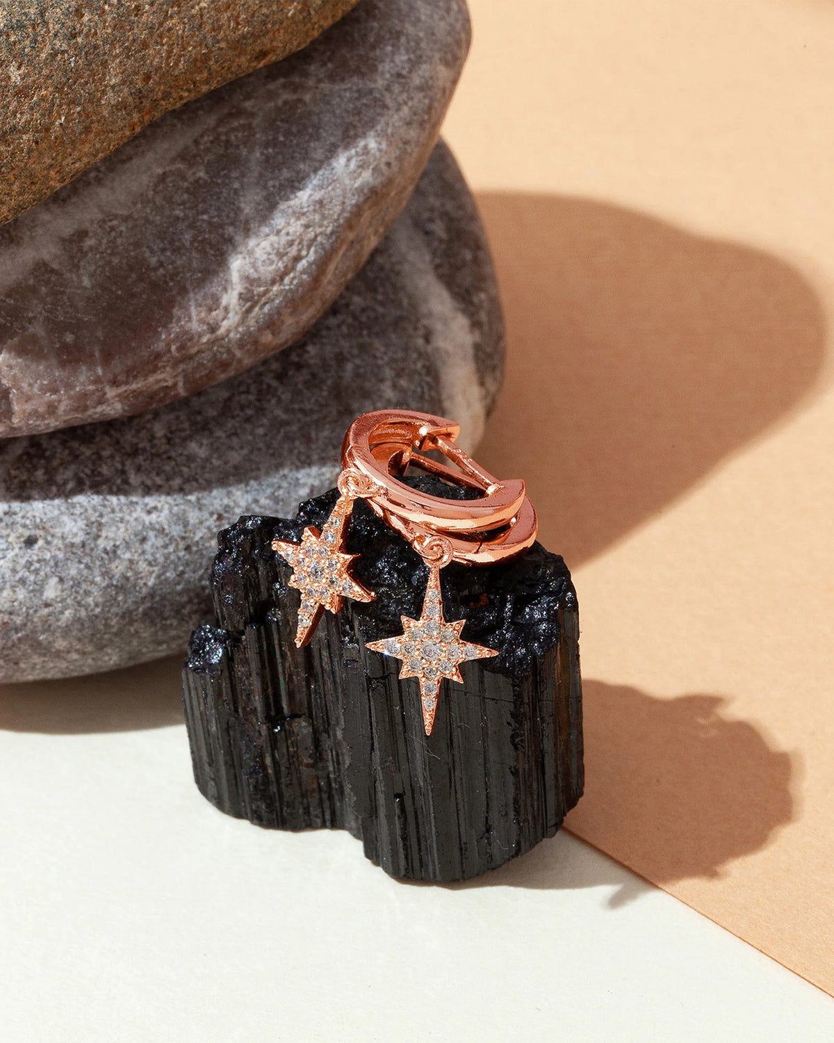 Celestial Huggie Star Dangle Earrings - Gold Plated over Brass - product image