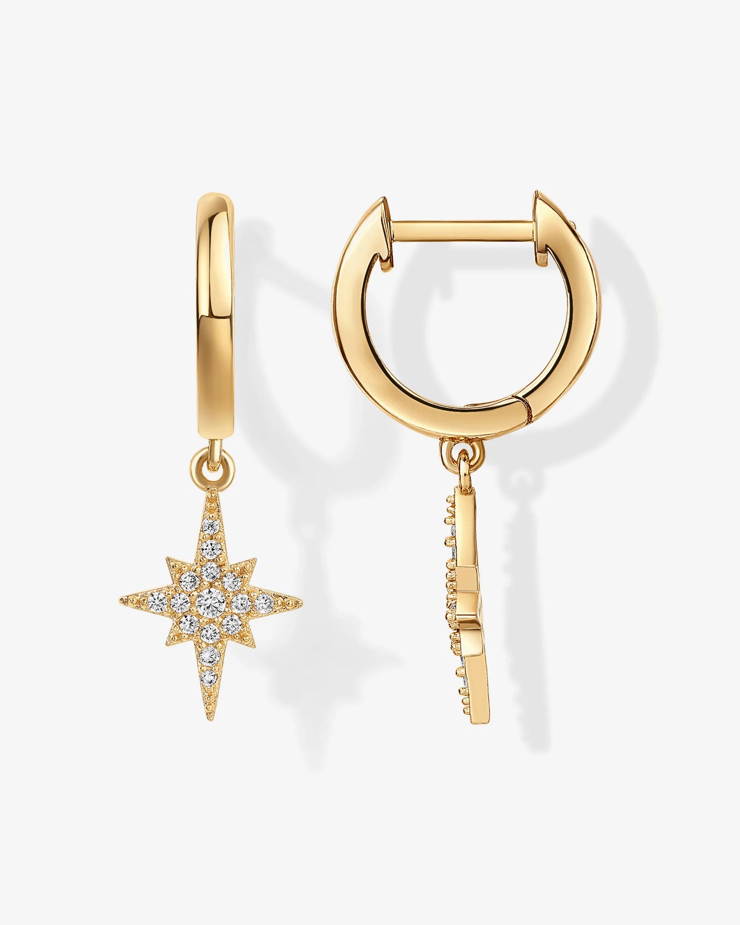 Radmohn jewelers Celestial Huggies star dangle earrings in sterling silver with cubic zirconia